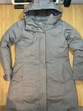 MEC Down Parka Coat Women’s Large Gray Heathered Long Hooded Winter Jacket